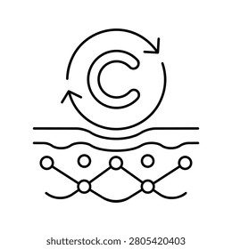 Circular renewal arrows above layered skin cells representing regeneration and epidermal turnover, clean black outline dermatology icon