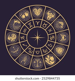 A circular representation of the Zodiac, showcasing prominent astrological signs. It captures celestial elements, embodying mysticism and the cosmic influence on predicting future events.