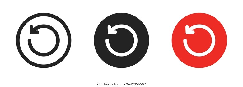 Circular reset or refresh icons with curved arrow inside, shown in black outline, solid black, and red circle styles, symbolizing reload, restart, synchronization, or update action.