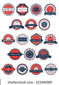 Circular retro badges or labels set in different shapes, some with banners, and all with editable sample text in red, white and blue