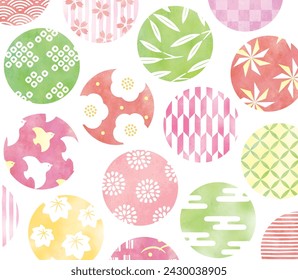 Circular retro and girly Japanese patterns watercolor