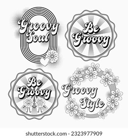 Circular retro labels with text, chamomile flowers, radial halftone beams, halftone shapes. Concept of positivity, love and harmony. Groovy, hippie style. Illustrations on white background.