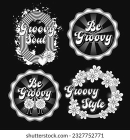 Circular retro labels with text, chamomile flowers, radial halftone beams, halftone shapes. Concept of positivity, love and harmony. Groovy, hippie style. Illustrations on black background.