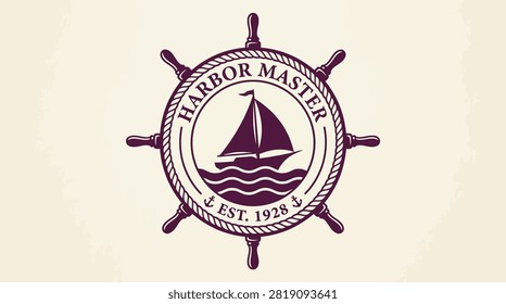 Circular retro maritime logo with sailboat and steering wheel.