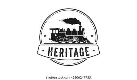 A circular retro style emblem featuring a silhouette of a classic steam locomotive train with the word Heritage written in a vintage typeface on a banner.