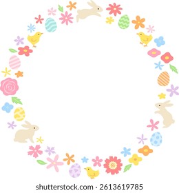 Circular ring frame illustration with Easter bunny, chicks, eggs and floral ornaments