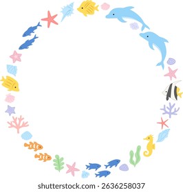 Circular ring frame illustration of various sea creatures