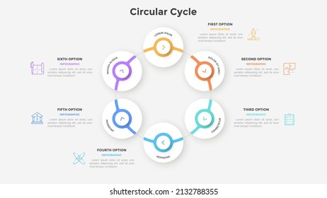 Circular ring-like diagram with six paper white round elements. Concept of 6 stages of work cycle. Simple flat infographic template. Modern vector illustration for business information visualization.