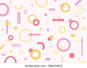 Circular rings and pieces of various shapes on a pink background. Simple pattern design template.