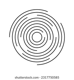 Icono circular de rizo. Círculos concéntricos con líneas interrumpidas aisladas sobre fondo blanco. Vortex, onda sonar o radio, onda sonora, explosión solar, señal de señal. Ilustración gráfica del vector