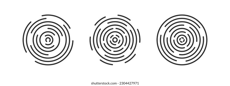 circular ripple icon set. Concentric circles with broken lines isolated on white background. Vortex, sonar wave, soundwave, sunburst, signal signs