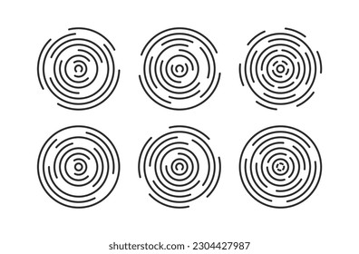 circular ripple icon set. Concentric circles with broken lines isolated on white background. Vortex, sonar wave, soundwave, sunburst, signal signs
