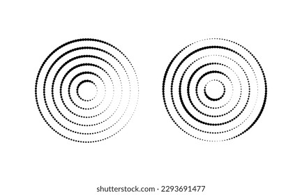 Circular ripple icons. Concentric circles with polka dot lines isolated on white background. Vortex, sonar wave, soundwave, signal signs. Vector graphic illustration