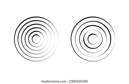 Circular ripple icons. Concentric circles with polka dot interrupted lines isolated on white background. Sonar wave, soundwave, vortex, sunburst, signal symbols. Vector graphic illustration