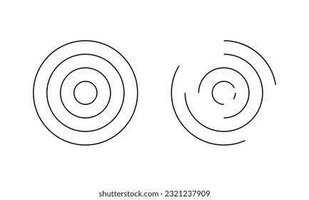 Circular ripple icons. Concentric circles with whole and broken lines. Vortex, sonar wave, soundwave, sunburst, signal, pain, target, aim signs on white background. Vector graphic illustration