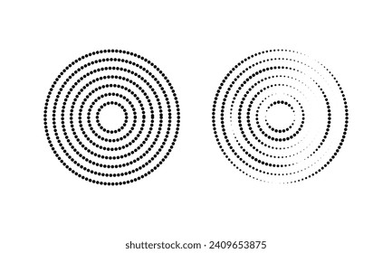 Circular ripple icons. Concentric circles with whole and broken dotted lines isolated on white background. Vortex, sonar wave, soundwave, sunburst, signal signs. Vector graphic illustration