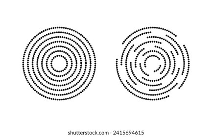 Circular ripple icons. Concentric circles with whole and broken dotted lines. Swirl, whirlpool, vortex, sonar wave, soundwave, sunburst, signal signs. Vector graphic illustration