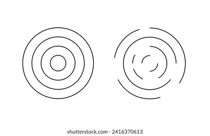 Circular ripple icons. Concentric circles with whole and broken lines isolated on white background. Vortex, whirlpool, sonar wave, soundwave, sunburst, radar signal signs. Vector graphic illustration