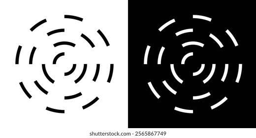 Circular ripple icons. Concentric circles with broken lines isolated on white background. Whirlpool, swirl, vortex, sonar wave, soundwave, sunburst, signal signs in eps 10.