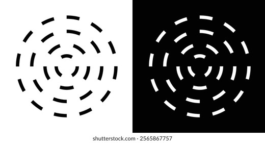 Circular ripple icons. Concentric circles with broken lines isolated on white background. Whirlpool, swirl, vortex, sonar wave, soundwave, sunburst, signal signs in eps 10.