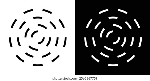 Circular ripple icons. Concentric circles with broken lines isolated on white background. Whirlpool, swirl, vortex, sonar wave, soundwave, sunburst, signal signs in eps 10.