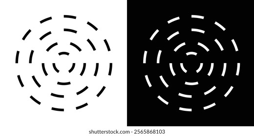 Circular ripple icons. Concentric circles with whole and broken lines. Vortex, sonar wave, soundwave, sunburst, signal, pain, target, aim signs on white background. Vector illustration in eps 10.