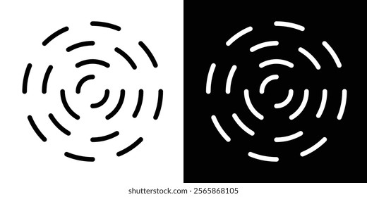 Circular ripple icons. Concentric circles with whole and broken lines. Vortex, sonar wave, soundwave, sunburst, signal, pain, target, aim signs on white background. Vector illustration in eps 10.