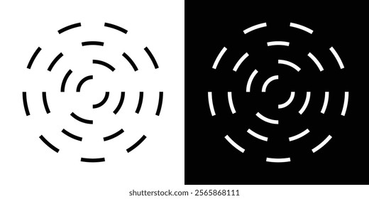 Circular ripple icons. Concentric circles with whole and broken lines. Vortex, sonar wave, soundwave, sunburst, signal, pain, target, aim signs on white background. Vector illustration in eps 10.