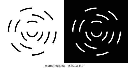 Circular ripple icons. Concentric circles with whole and broken lines. Vortex, sonar wave, soundwave, sunburst, signal, pain, target, aim signs on white background. Vector illustration in eps 10.