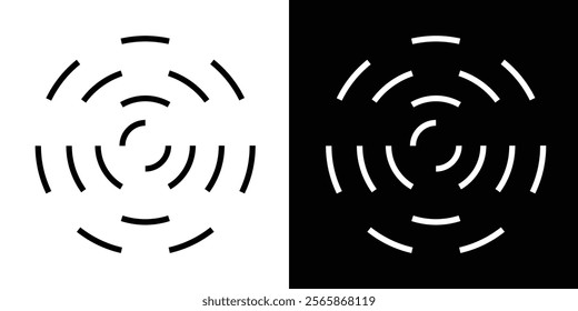 Circular ripple icons. Concentric circles with whole and broken lines. Vortex, sonar wave, soundwave, sunburst, signal, pain, target, aim signs on white background. Vector illustration in eps 10.