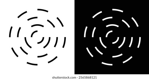 Circular ripple icons. Concentric circles with whole and broken lines. Vortex, sonar wave, soundwave, sunburst, signal, pain, target, aim signs on white background. Vector illustration in eps 10.