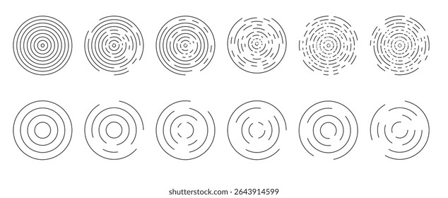 Ícones circulares de ondulação. Círculos concêntricos isolados. Vórtice, onda sonar, onda sonora, explosão solar, sinais de sinal. Linhas onduladas concêntricas formando um padrão de ondas circulares