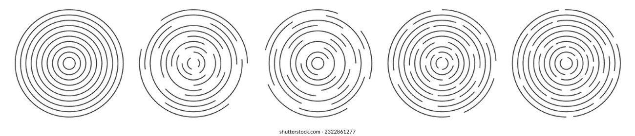 Circular ripple icons pack. Concentric circles with interrupted lines. Vortex, radio or sonar wave, soundwave, sunburst, pain, signal symbols isolated on white background. Vector graphic illustration