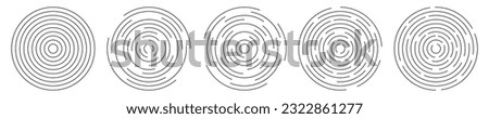 Circular ripple icons pack. Concentric circles with interrupted lines. Vortex, radio or sonar wave, soundwave, sunburst, pain, signal symbols isolated on white background. Vector graphic illustration