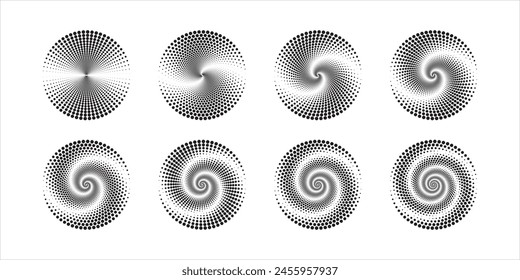 Iconos circulares de ondulación. Conjunto de círculos concéntricos con líneas punteadas giradas aisladas sobre fondo blanco. Torbellino, vórtice o tornado, señal de sonar o señales de onda de choque. Ilustración gráfica Vector.