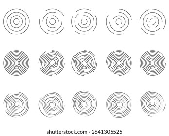 Circular ripple icons set, concentric circles, vortex, sonar wave, soundwave, signal signs, customizable stroke, vector, illustration