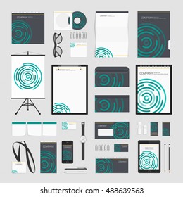 Circular ripple wave corporate identity template. Vector company style for brand book or guideline. Business stationery mock-up with logo. Modern branding design concept. Stationery mock-up with logo.