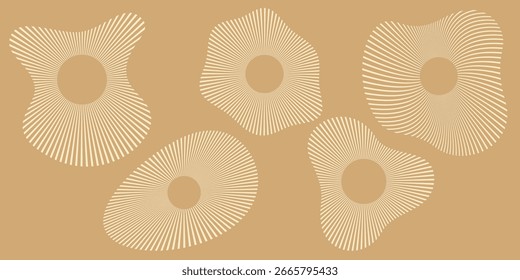 Circular ripple wave icons. Set of concentric broken line sound patterns representing voice, speaker volume, ultrasonic echo, music graph, technology signals and round radio waves.