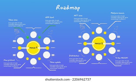 Hoja de ruta circular en estilo caricatura con círculos abstractos y líneas sobre fondo azul. Plantilla de línea de tiempo de infografía para presentación de negocios. Ilustración vectorial.