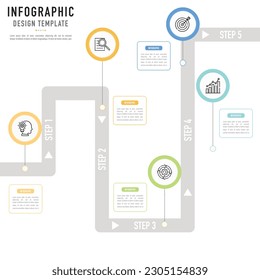 Circular roadmap infographic template or element with 5 step, process, option, colorful circle, icons, road, street, pin, rectangle, label, tag for sale slide, flowchart, workflow, milestone, brochure
