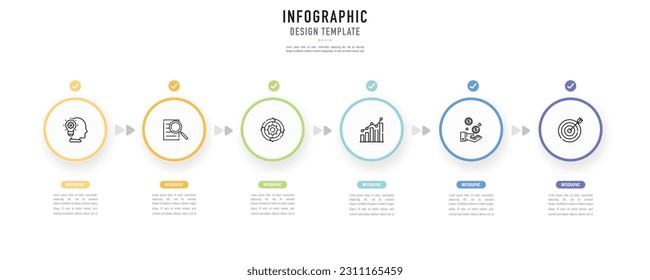 Circular roadmap infographic template or element with 6 step, process, option, colorful circle, correct sign, label, button, arrow, paper origami, minimal, modern style for sale slide, flowchart, web