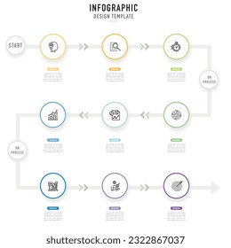 Circular roadmap infographic template or element with 9 step, process, option, colorful circle, button, journey, arrow, minimal style for sale slide, banner, agenda, schedule, workflow, flowchart, web