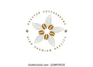 Grano de café tostado circular con flor de estrella de hojas para el restaurante Cafe o el logotipo de la etiqueta de producto de granja Diseño