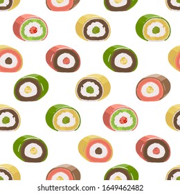 Circular roll desserts of different tastes. Vector repeated seamless pattern