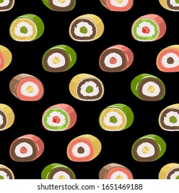 Circular roll desserts of different tastes. Vector repeated seamless pattern