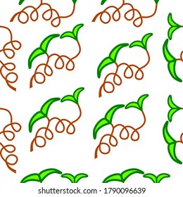 Kreisswurzel mit schönen kleinen Blättern, nahtloses Muster, Vektorgrafik einer runden, braunen Wurzel-Grafik mit kleinen grünen Blättern darauf, geeignet für die Verzierung des Hintergrunds