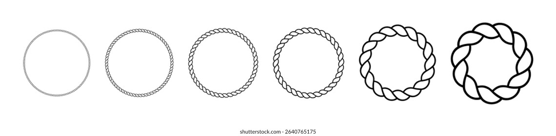 Circular rope frame with sea knot design. Braided string border for nautical decor. Flat vector illustration isolated on white background.