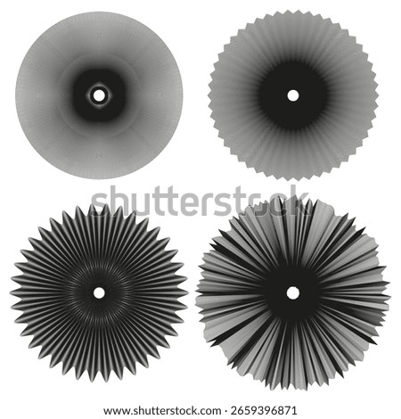 Circular rosette set. Guilloche spiral form. Abstract radial Vector. Grey gradient design. EPS 10.