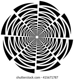Circular, rotating spiral, vortex element, motif. Abstract geometric shape. Non-figural monochrome illustration.