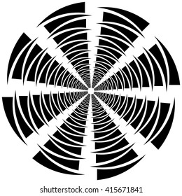 Circular, rotating spiral, vortex element, motif. Abstract geometric shape. Non-figural monochrome illustration.